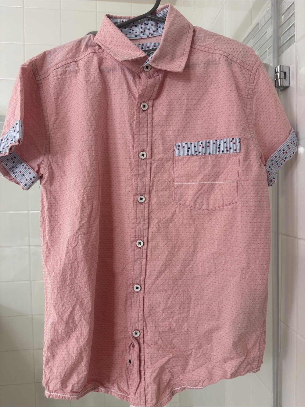 Boys' Pink Short-Sleeve Button-Down Shirt with Contrast Trim